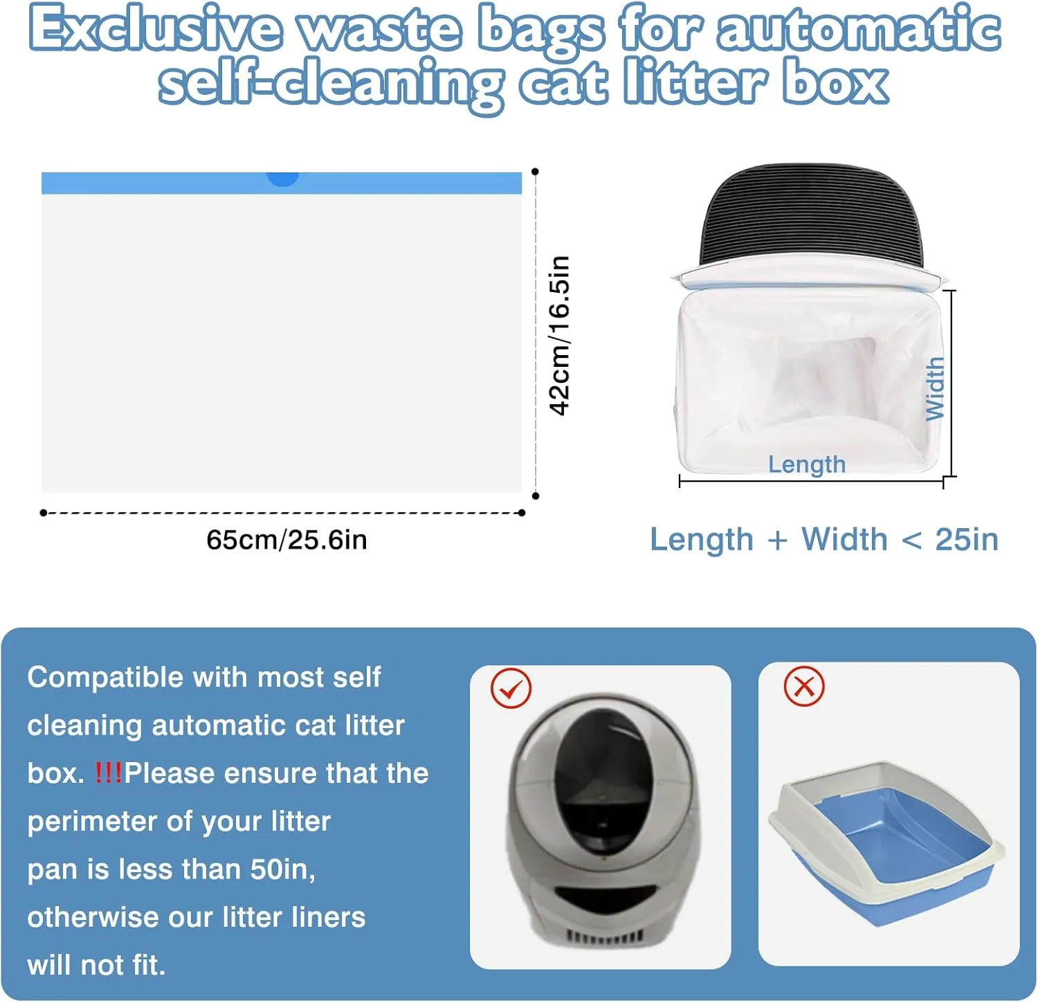 100 Count Self-Cleaning Cat Litter Box Liners 25.6" x 16.5" Compatible with Robot 4 3 Automatic Cat Litter Box, Drawstring Heavy Duty Waste Bags, 7-9 Gallon Trash Bag