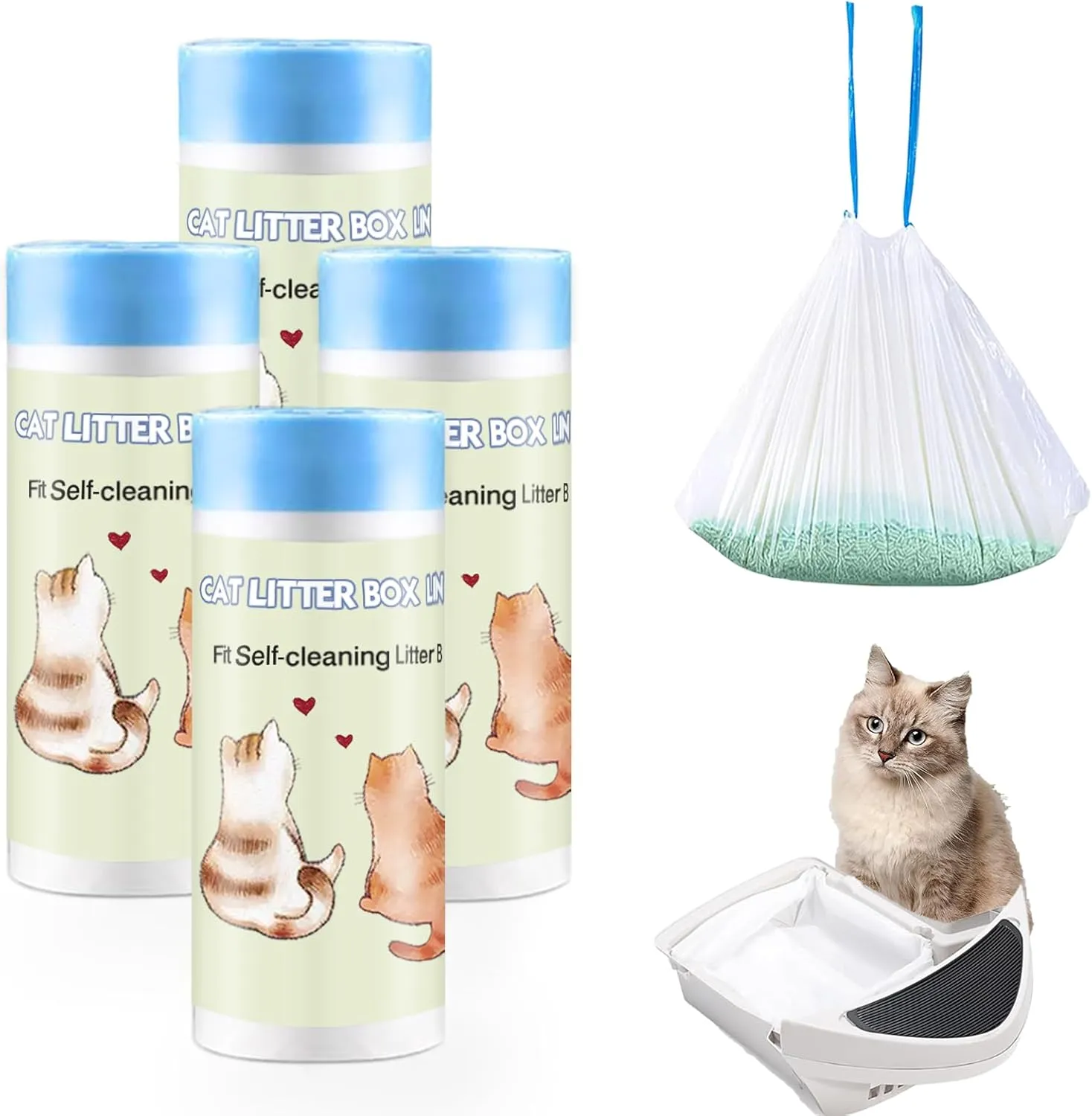 100 Count Self-Cleaning Cat Litter Box Liners 25.6" x 16.5" Compatible with Robot 4 3 Automatic Cat Litter Box, Drawstring Heavy Duty Waste Bags, 7-9 Gallon Trash Bag