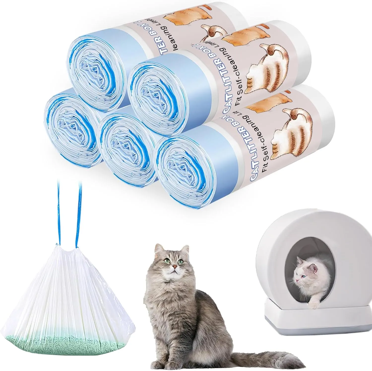 100 Count Self-Cleaning Cat Litter Box Liners Compatible With MW-SC01/MW-SC02/MW-LR01, Drawstring Heavy Duty Kitty Waste Bags Disposable Receptacles Bags Trash Bag -18" x 12.6"