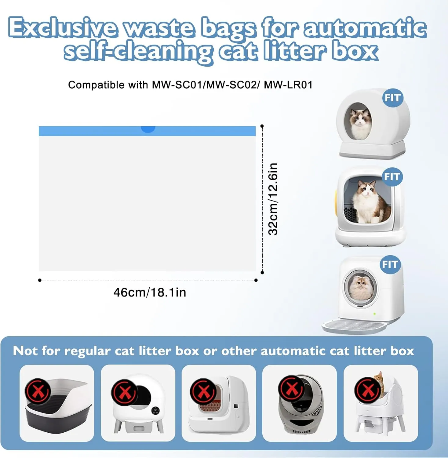 100 Pack Cat Litter Box Liners Compatible With MW-SC01/MW-SC02/MW-LR01 Automatic Cat Litter Box, Drawstring Heavy Duty Kitty Litter Receptacles Bags For Self-Cleaning Litter Box, 18" x 12.6"