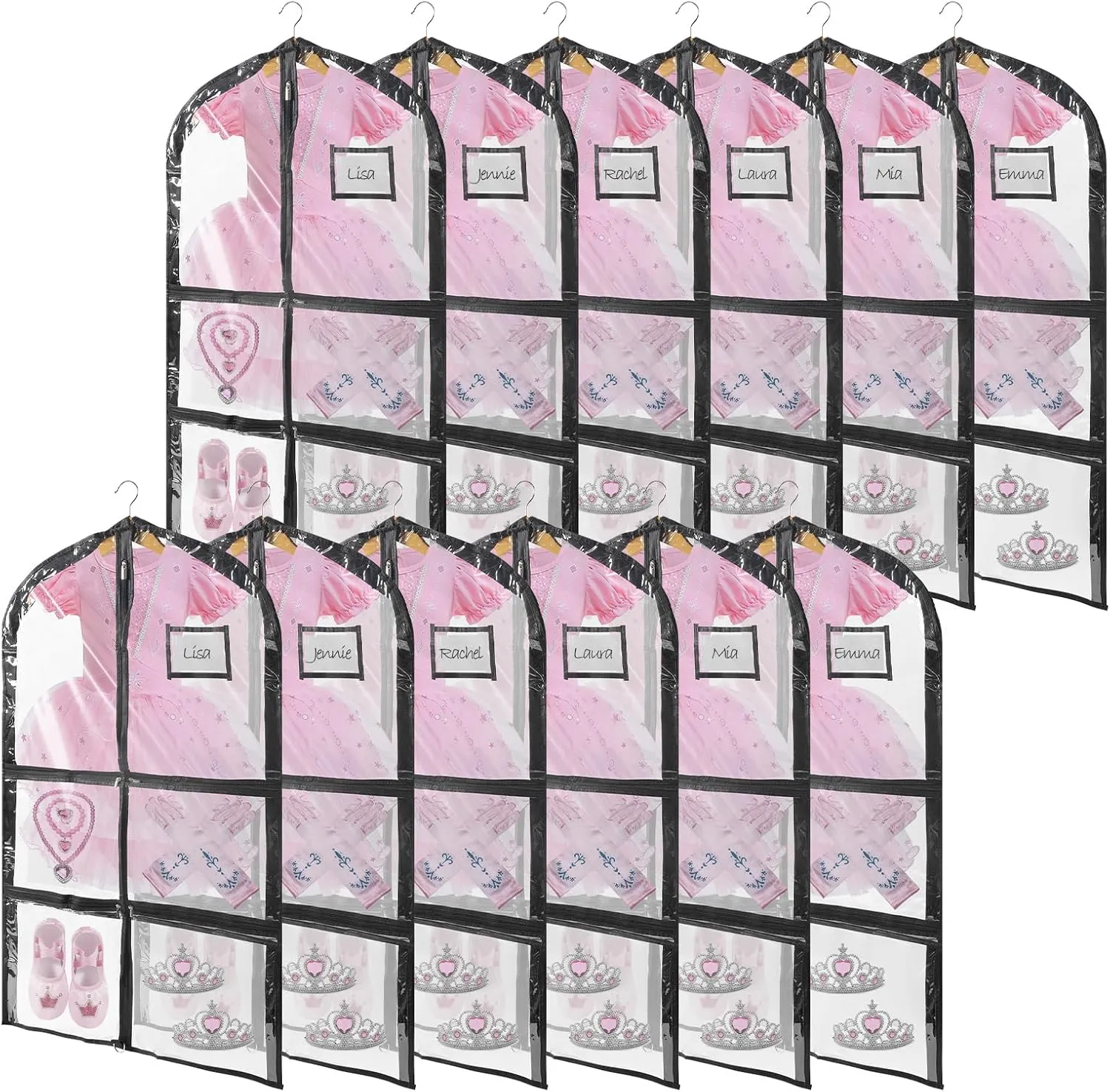 12 Pack Garment Bags for Dance Costumes, 40 Inch Dance Costume Garment Bag with 4 Medium Clear Zipper Pockets and 1 Large Back Zippered Pocket for Travel and Dance Competition, Black