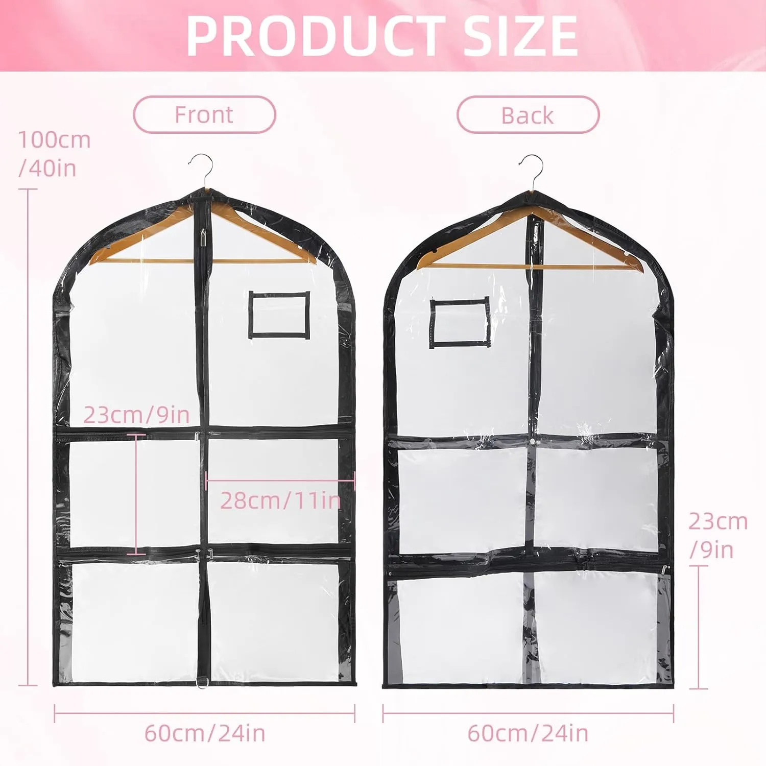 12 Pack Garment Bags for Dance Costumes, 40 Inch Dance Costume Garment Bag with 4 Medium Clear Zipper Pockets and 1 Large Back Zippered Pocket for Travel and Dance Competition, Black