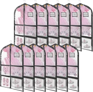 12 Pack Garment Bags for Dance Costumes, 40 Inch Dance Costume Garment Bag with 4 Medium Clear Zipper Pockets and 1 Large Back Zippered Pocket for Travel and Dance Competition, Black