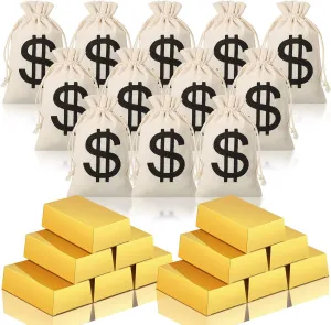 12 Pieces Canvas Money Bag Pouch with Drawstring and 12 Pieces Gold Bar Party Boxes 7 x 4.33 Inch Money Bag Pirate Gold Boxes for Children Toys Presents Crafts Pirate Theme Birthday Party Supplies