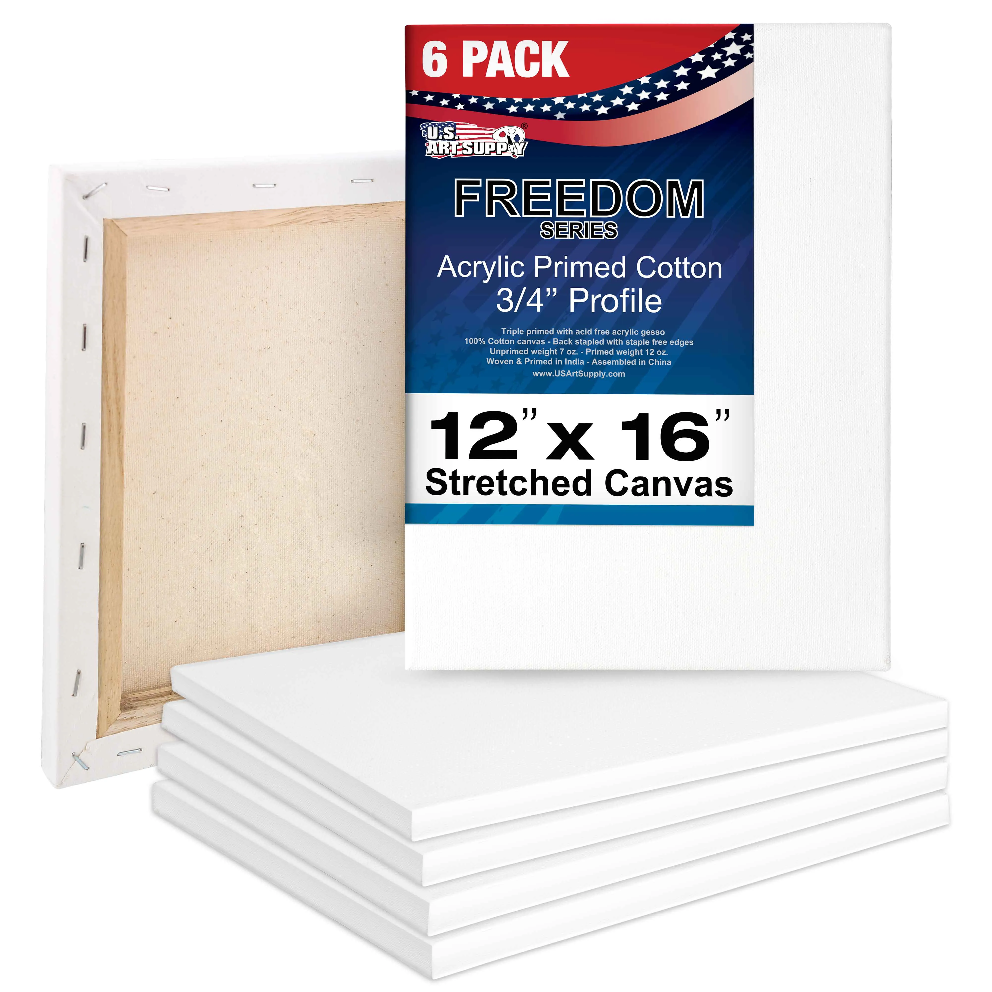 12 x 16 inch Stretched Canvas 12-Ounce Triple Primed, 6-Pack - Professional Artist Quality White Blank 3/4" Profile, 100% Cotton, Heavy-Weight Gesso