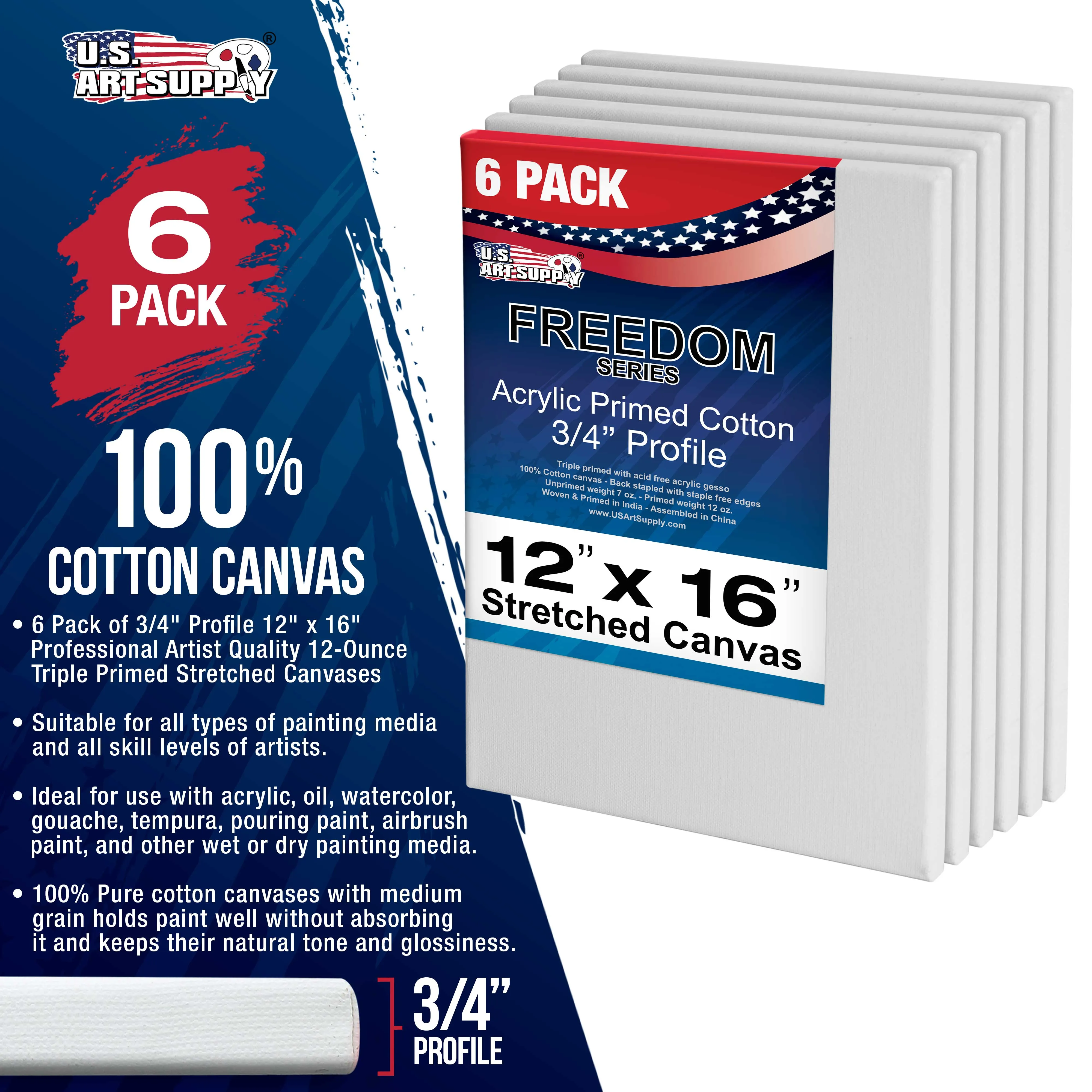 12 x 16 inch Stretched Canvas 12-Ounce Triple Primed, 6-Pack - Professional Artist Quality White Blank 3/4" Profile, 100% Cotton, Heavy-Weight Gesso