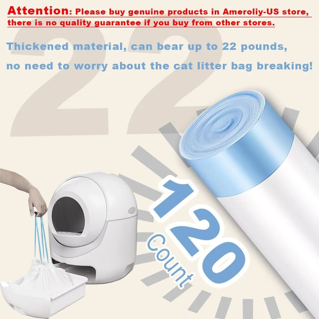 120 Pack Cat Litter Bags with Drawstring, Self Cleaning Litter Robot Waste Bags Compatible with Litter Robot 3 & 4, 10-12 Gallons