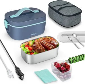 120W 12V/24V/110V/220V Electric Lunch Box for Adults | 1.8L 0.45L Dual-Lid Hot Lunch Box For Adults, with Spoon, Fork & Insulated Bag