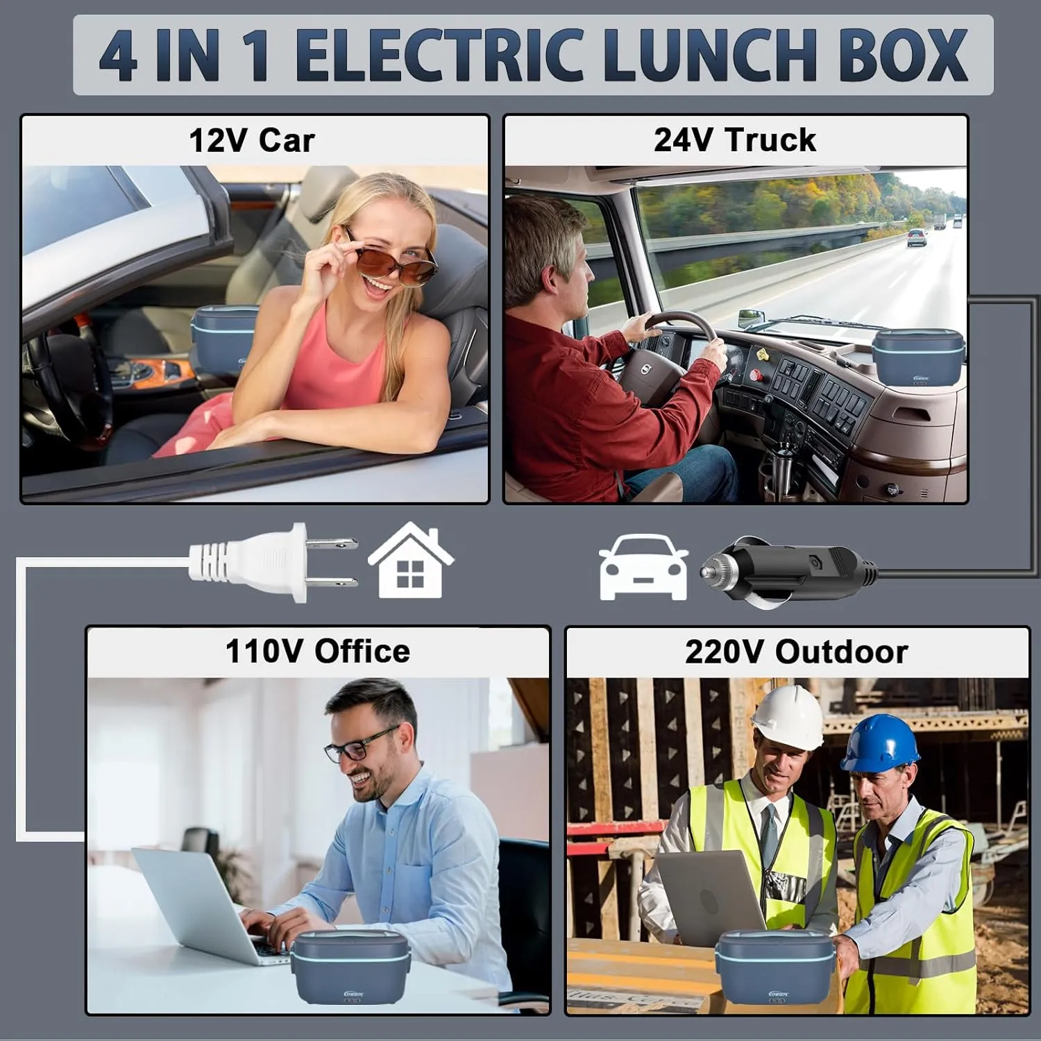 120W 12V/24V/110V/220V Electric Lunch Box for Adults | 1.8L 0.45L Dual-Lid Hot Lunch Box For Adults, with Spoon, Fork & Insulated Bag