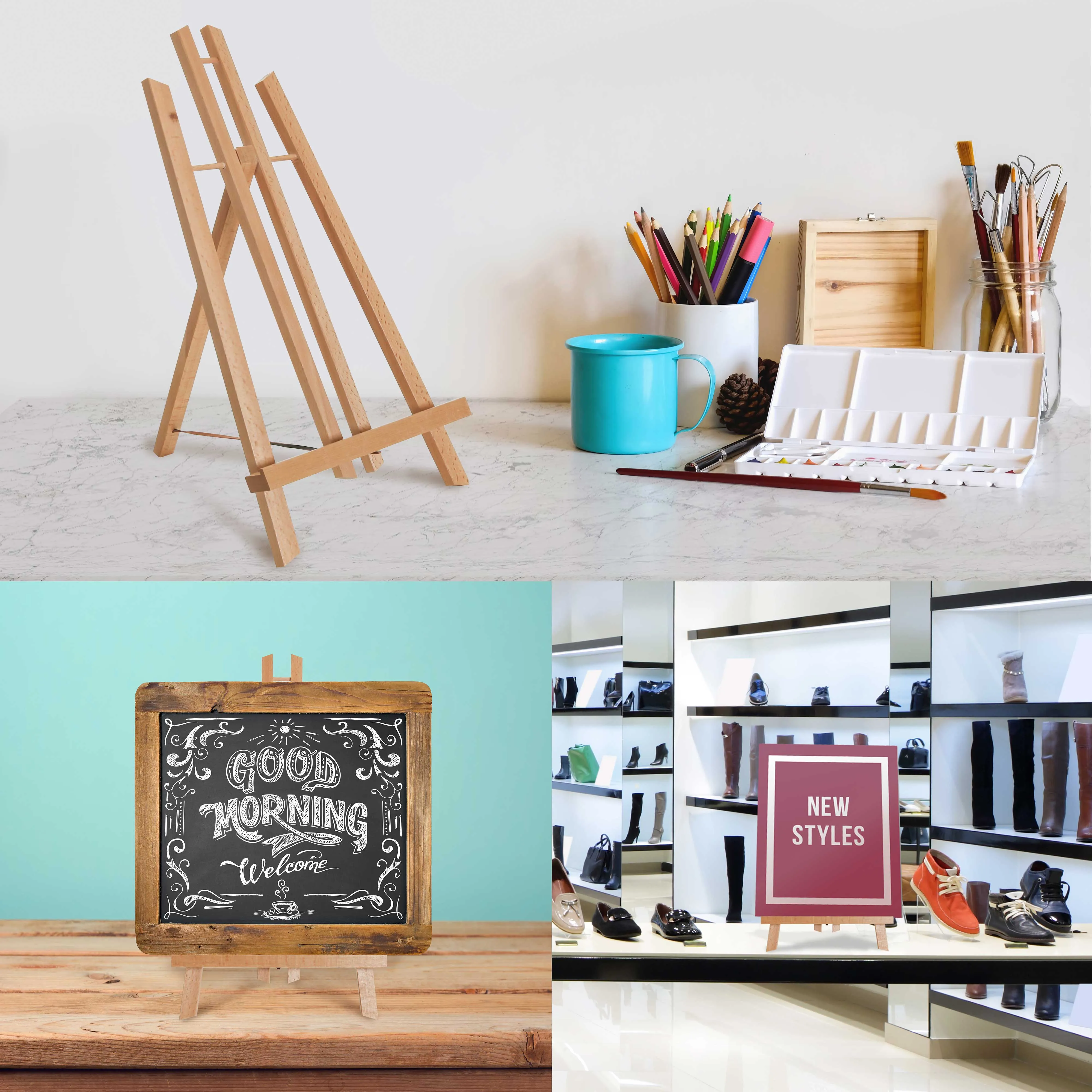14" Medium Tabletop Display Stand A-Frame Artist Easel, 6 Pack - Beechwood Tripod, Painting Party Easel, Portable Kids Student Table School Desktop