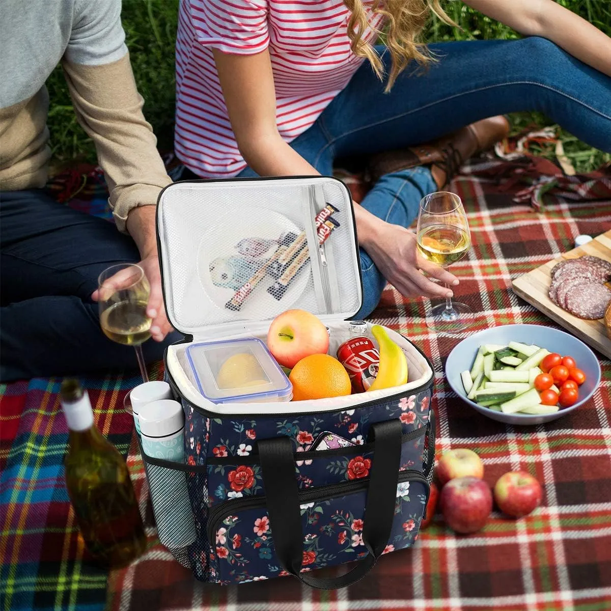 15L Leakproof Reusable Insulated Cooler Lunch Bag Office Work Picnic Hiking Beach Lunch Box Organizer with Adjustable Shoulder Strap, Rose Floral