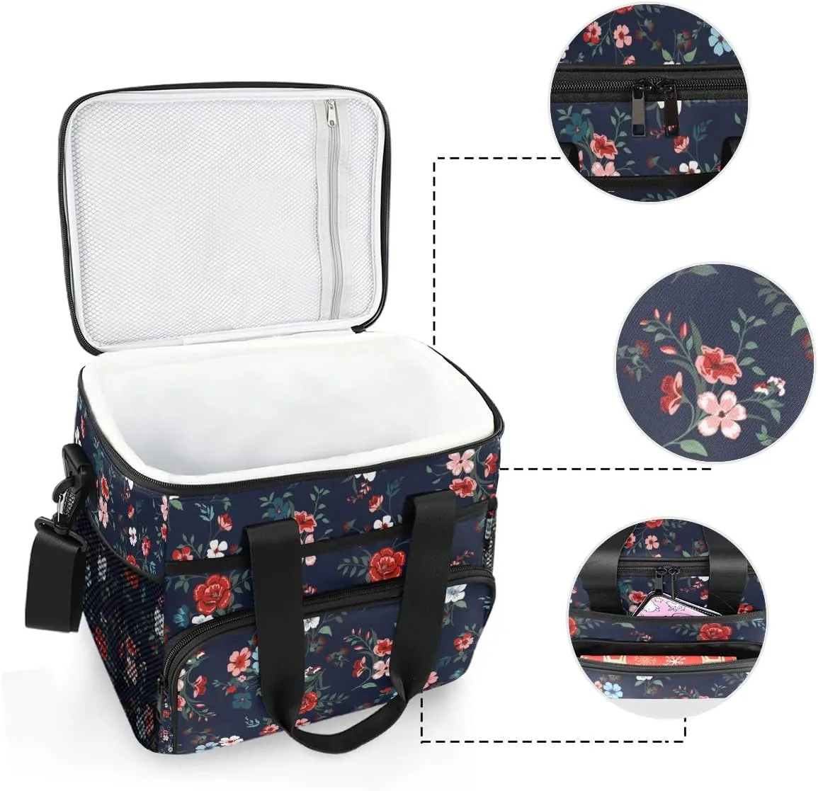 15L Leakproof Reusable Insulated Cooler Lunch Bag Office Work Picnic Hiking Beach Lunch Box Organizer with Adjustable Shoulder Strap, Rose Floral