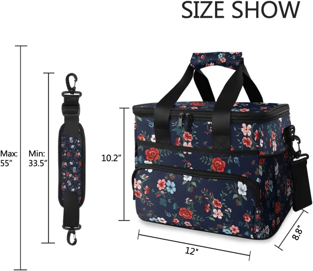 15L Leakproof Reusable Insulated Cooler Lunch Bag Office Work Picnic Hiking Beach Lunch Box Organizer with Adjustable Shoulder Strap, Rose Floral