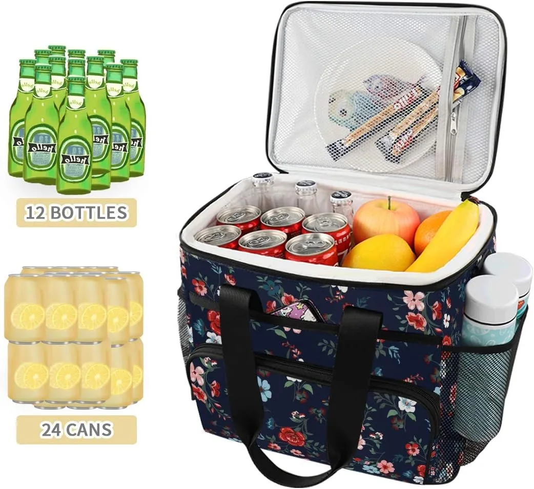 15L Leakproof Reusable Insulated Cooler Lunch Bag Office Work Picnic Hiking Beach Lunch Box Organizer with Adjustable Shoulder Strap, Rose Floral