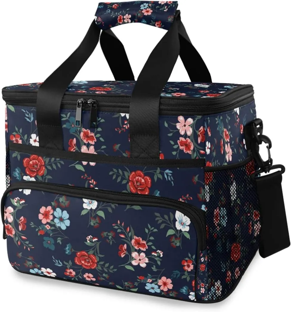 15L Leakproof Reusable Insulated Cooler Lunch Bag Office Work Picnic Hiking Beach Lunch Box Organizer with Adjustable Shoulder Strap, Rose Floral