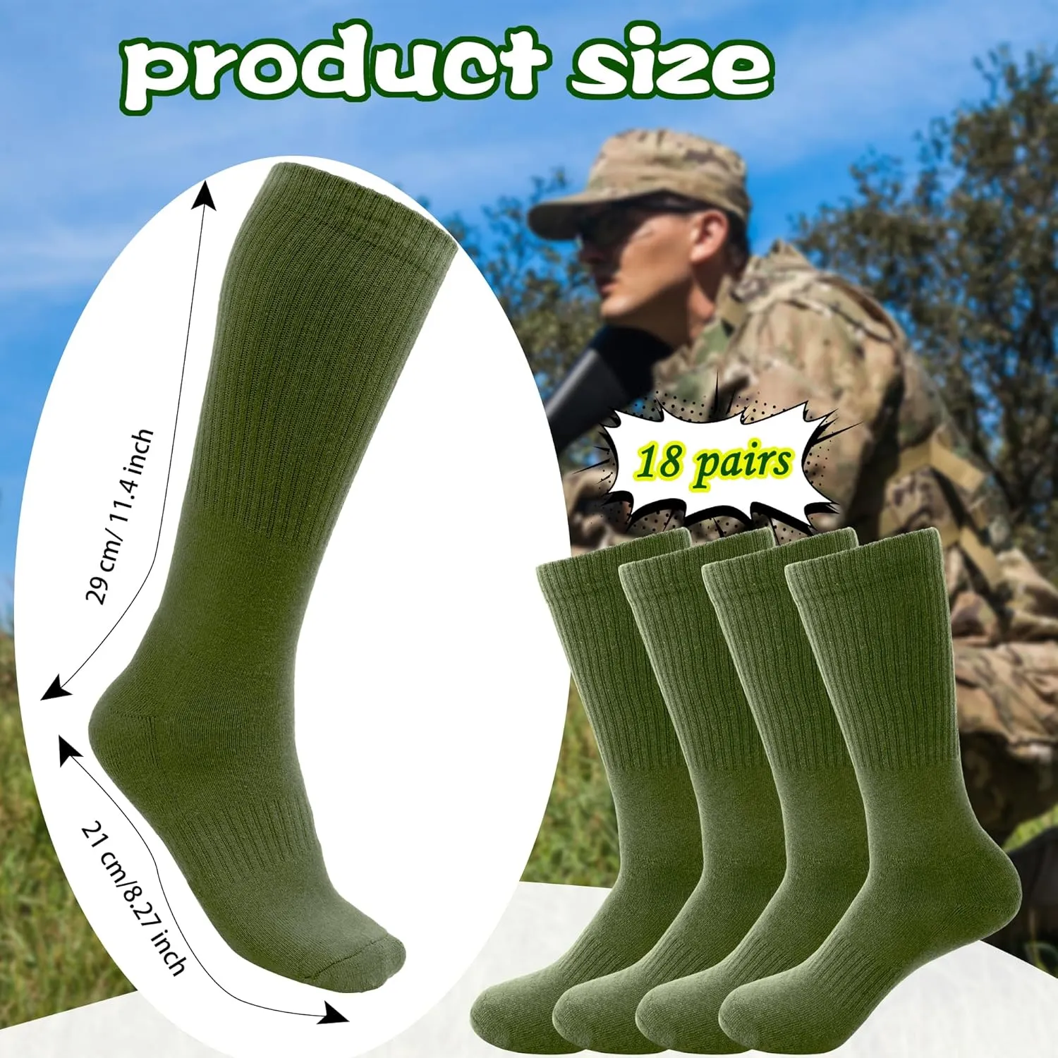 18 Pairs Men's Military Green Socks Ocp Socks Army Crew Cotton Sock for Soldiers Firefighters Police Outdoor Sports