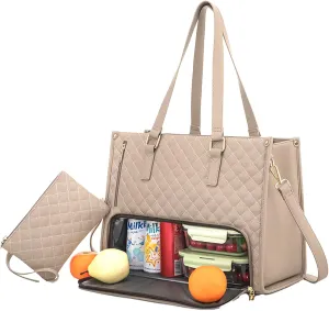 2 in 1 Tote Bag Lunch Bag Combo for Women, Insulated Leakproof Lunch Compartment with Spacious Thermal Storage, Convertible Work Tote for Office Business Travel, Laptop Bags Storage Pocket (Beige)