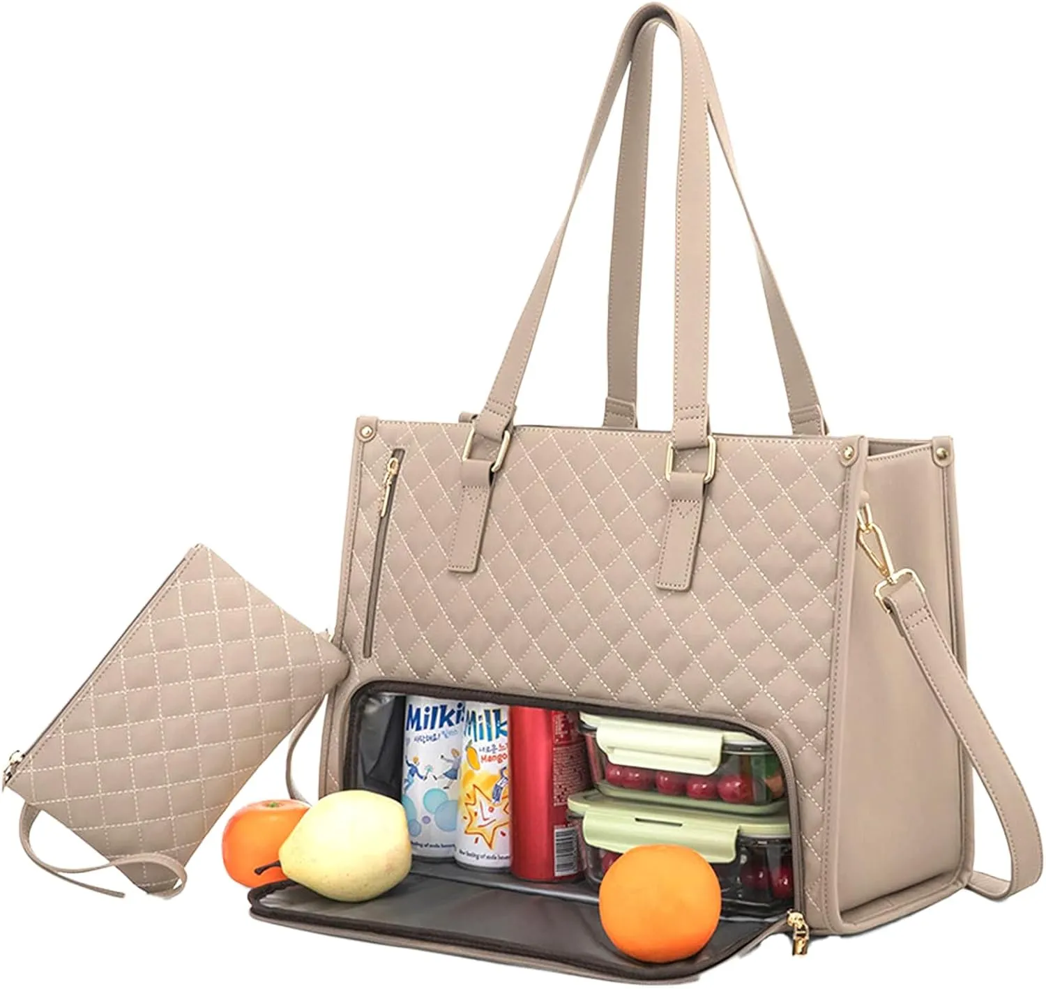 2 in 1 Tote Bag Lunch Bag Combo for Women, Insulated Leakproof Lunch Compartment with Spacious Thermal Storage, Convertible Work Tote for Office Business Travel, Laptop Bags Storage Pocket (Beige)