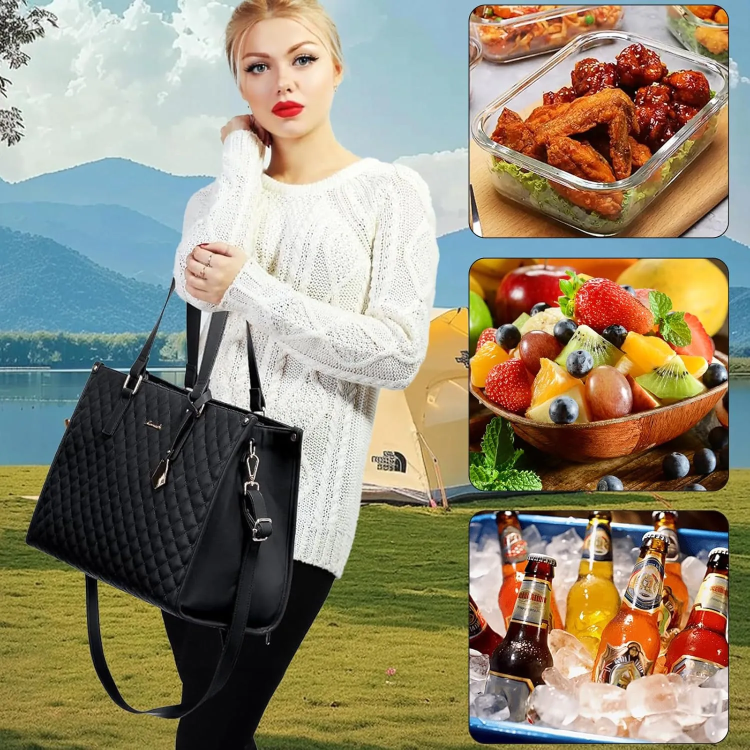 2 in 1 Tote Bag Lunch Bag Combo for Women, Insulated Leakproof Lunch Compartment with Spacious Thermal Storage, Convertible Work Tote for Office Business Travel, Laptop Bags Storage Pocket (Beige)