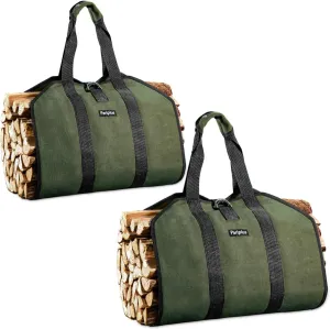 2-Pack Canvas Firewood Carriers - Sturdy Log Carriers for Firewood with Handles and Security Strap, Wood Carrier Tote Bag for Camping, Fireplace, Wood Stove Accessories - Army Green