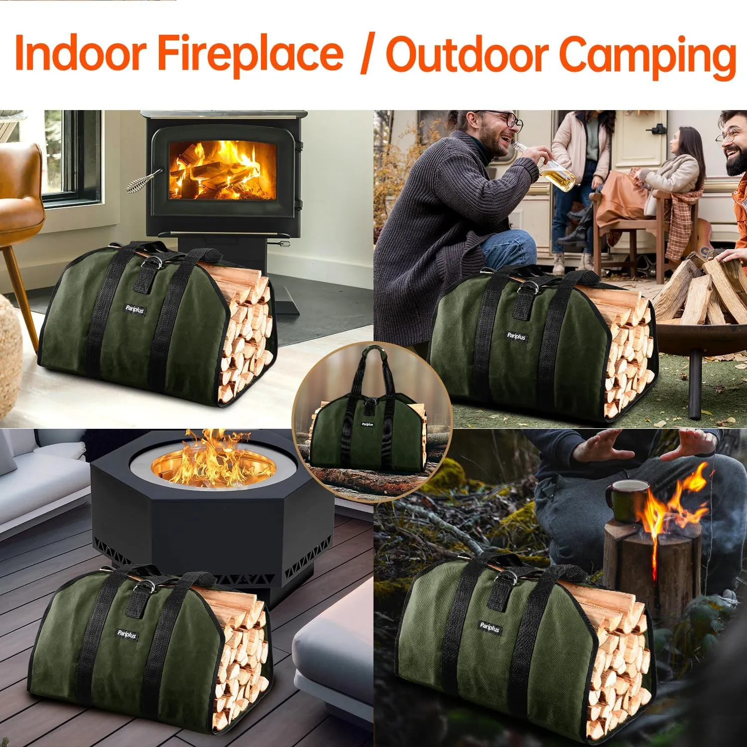 2-Pack Canvas Firewood Carriers - Sturdy Log Carriers for Firewood with Handles and Security Strap, Wood Carrier Tote Bag for Camping, Fireplace, Wood Stove Accessories - Army Green