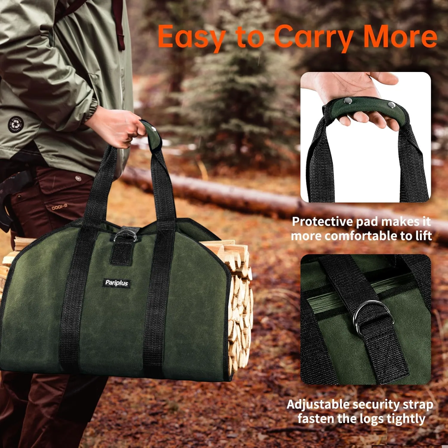 2-Pack Canvas Firewood Carriers - Sturdy Log Carriers for Firewood with Handles and Security Strap, Wood Carrier Tote Bag for Camping, Fireplace, Wood Stove Accessories - Army Green
