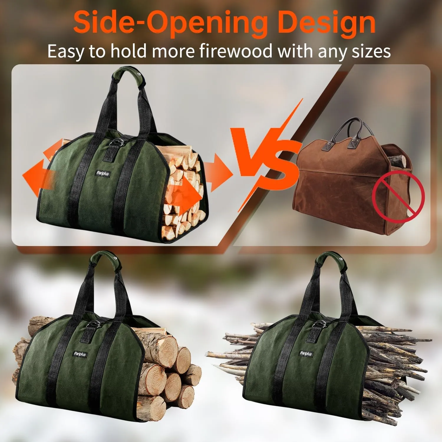 2-Pack Canvas Firewood Carriers - Sturdy Log Carriers for Firewood with Handles and Security Strap, Wood Carrier Tote Bag for Camping, Fireplace, Wood Stove Accessories - Army Green