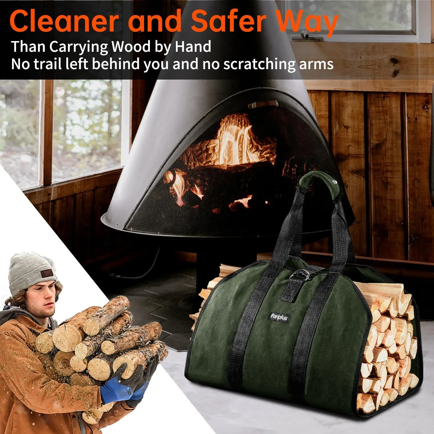 2-Pack Canvas Firewood Carriers - Sturdy Log Carriers for Firewood with Handles and Security Strap, Wood Carrier Tote Bag for Camping, Fireplace, Wood Stove Accessories - Army Green