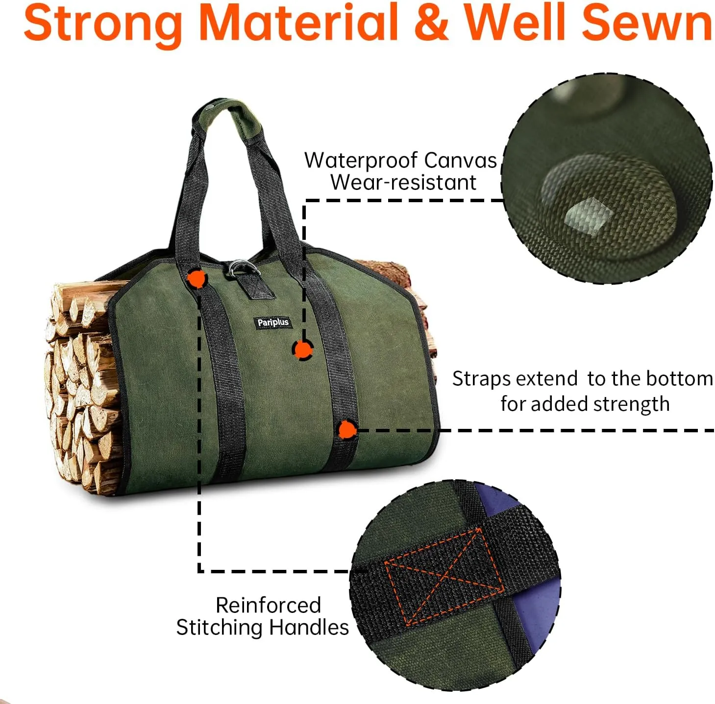 2-Pack Canvas Firewood Carriers - Sturdy Log Carriers for Firewood with Handles and Security Strap, Wood Carrier Tote Bag for Camping, Fireplace, Wood Stove Accessories - Army Green