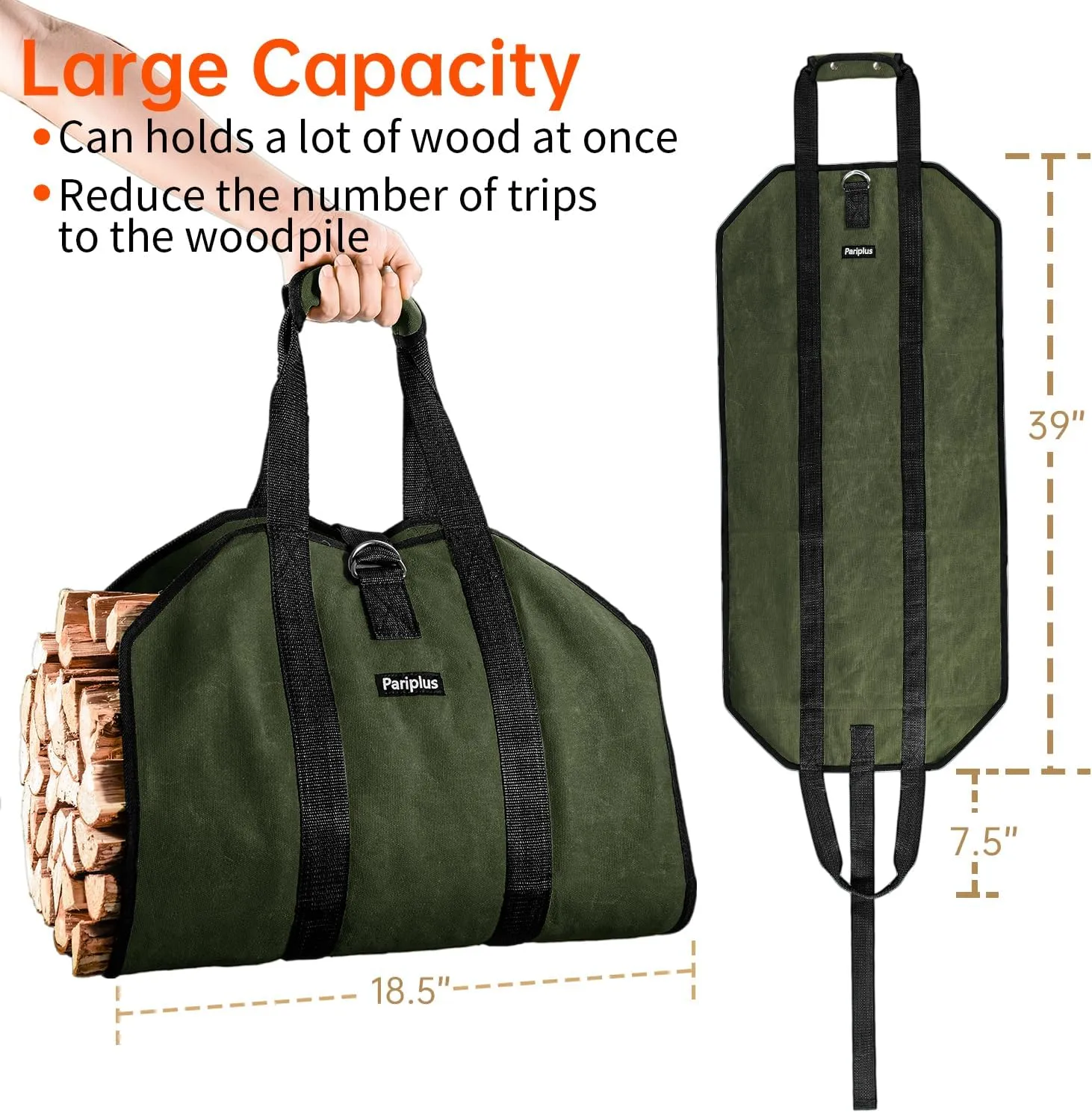 2-Pack Canvas Firewood Carriers - Sturdy Log Carriers for Firewood with Handles and Security Strap, Wood Carrier Tote Bag for Camping, Fireplace, Wood Stove Accessories - Army Green