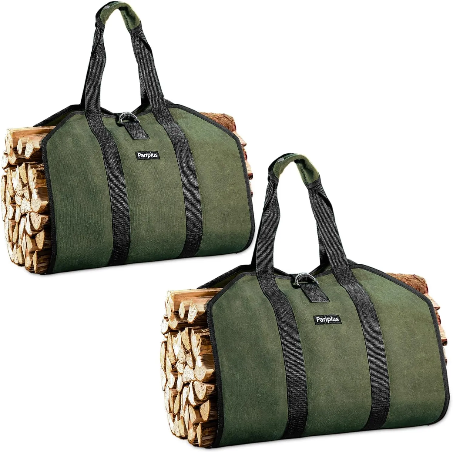 2-Pack Canvas Firewood Carriers - Sturdy Log Carriers for Firewood with Handles and Security Strap, Wood Carrier Tote Bag for Camping, Fireplace, Wood Stove Accessories - Army Green