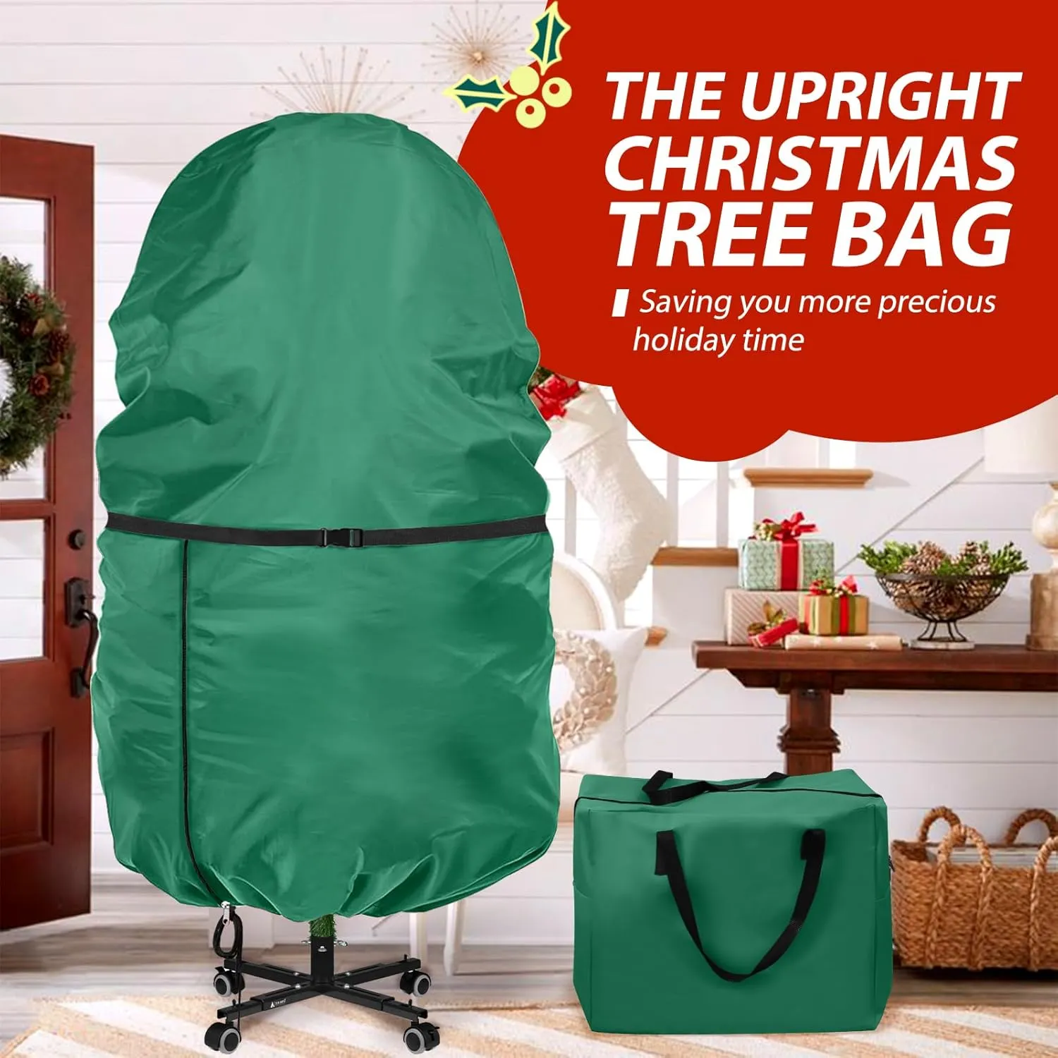 2 Pack Christmas Storage Bag – 9 FT Upright Christmas Tree Bag and Christmas Ornament Storage bag – Christmas Tree Stand Cover with Drawstring, Zipper and Adjustable Straps (green, 9ft)