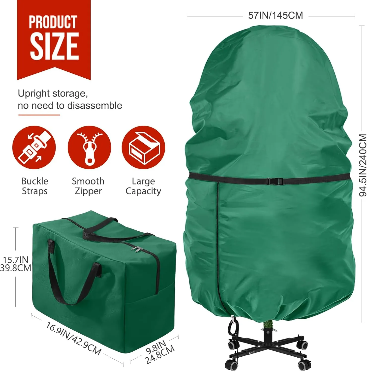 2 Pack Christmas Storage Bag – 9 FT Upright Christmas Tree Bag and Christmas Ornament Storage bag – Christmas Tree Stand Cover with Drawstring, Zipper and Adjustable Straps (green, 9ft)