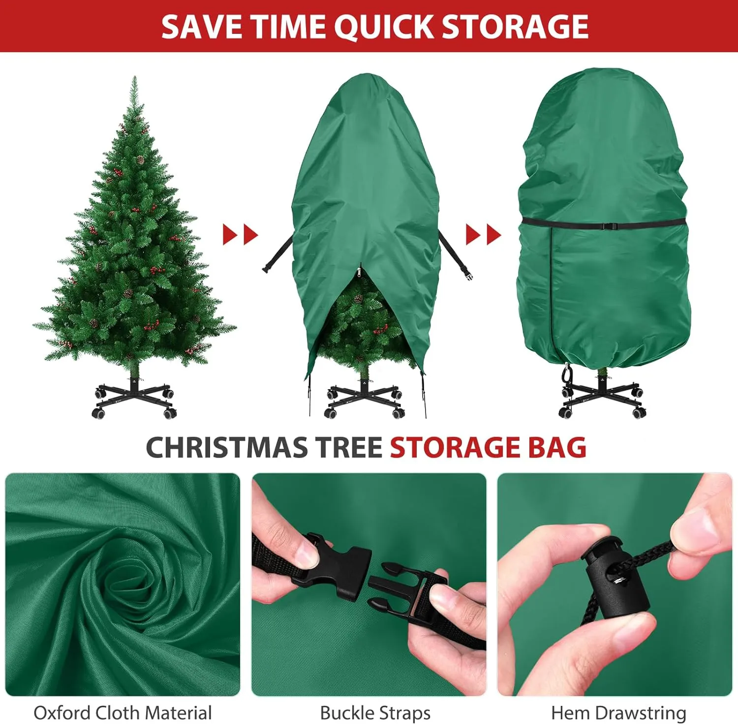 2 Pack Christmas Storage Bag – 9 FT Upright Christmas Tree Bag and Christmas Ornament Storage bag – Christmas Tree Stand Cover with Drawstring, Zipper and Adjustable Straps (green, 9ft)