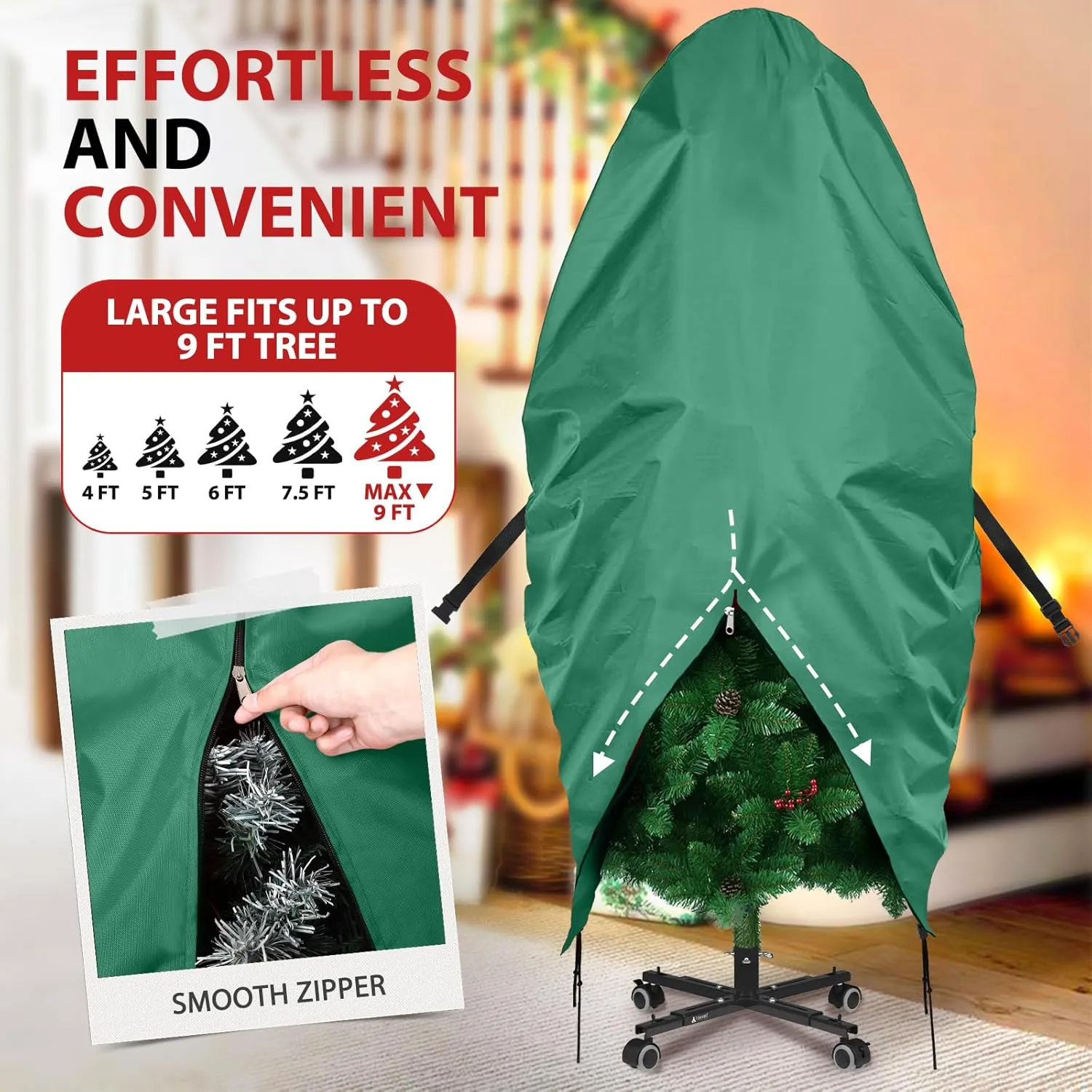 2 Pack Christmas Storage Bag – 9 FT Upright Christmas Tree Bag and Christmas Ornament Storage bag – Christmas Tree Stand Cover with Drawstring, Zipper and Adjustable Straps (green, 9ft)