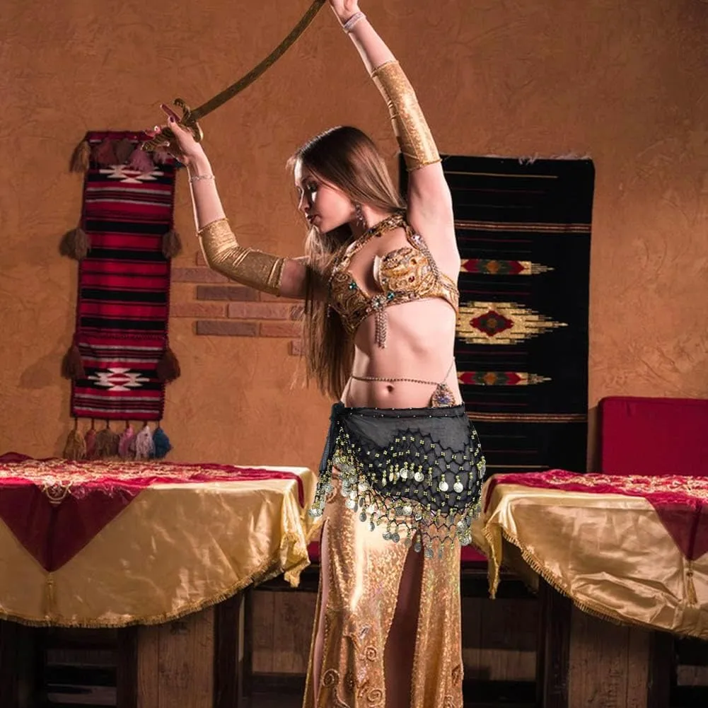 2 Pack Women's Belly Dance Hip Scarf, Belly Dance Skirt Wrap with Sequins Coins, Belly Dancer Costume for Bellydance,Zumba