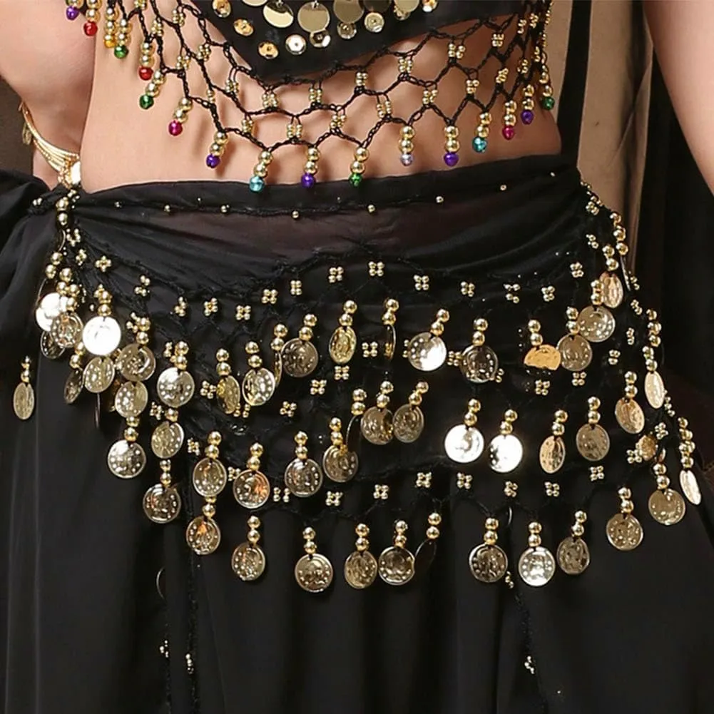 2 Pack Women's Belly Dance Hip Scarf, Belly Dance Skirt Wrap with Sequins Coins, Belly Dancer Costume for Bellydance,Zumba