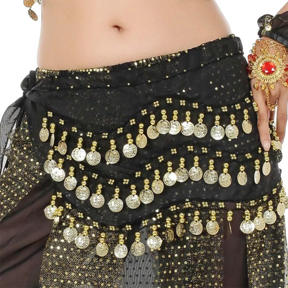 2 Pack Women's Belly Dance Hip Scarf, Belly Dance Skirt Wrap with Sequins Coins, Belly Dancer Costume for Bellydance,Zumba