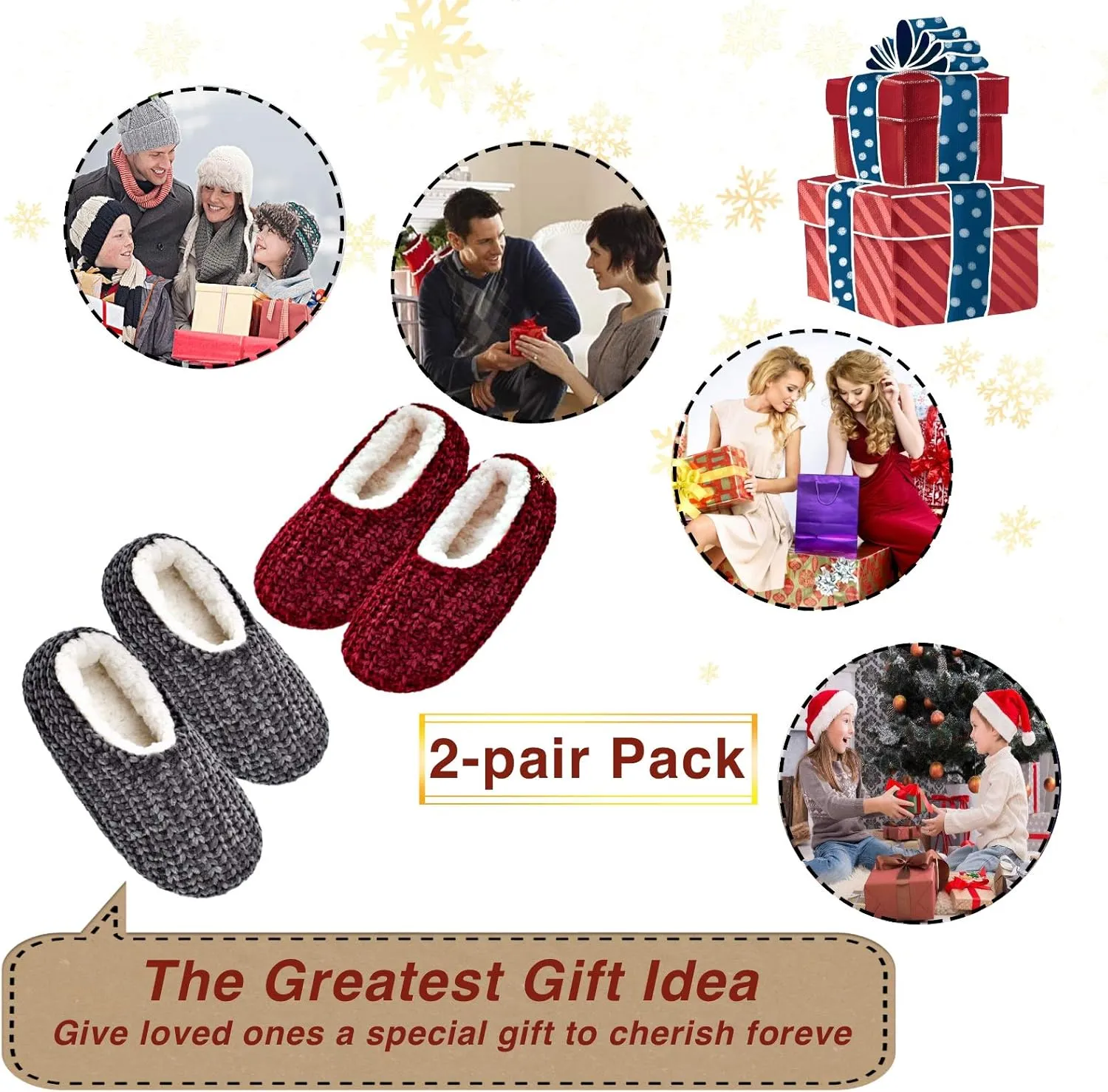 2-Pair Thick Warm Fuzzy Slippers for Women Indoor Fluffy Sherpa Lined, Winter House Shoe Socks Non-Slip Soft Soles, Cozy Christmas Gifts