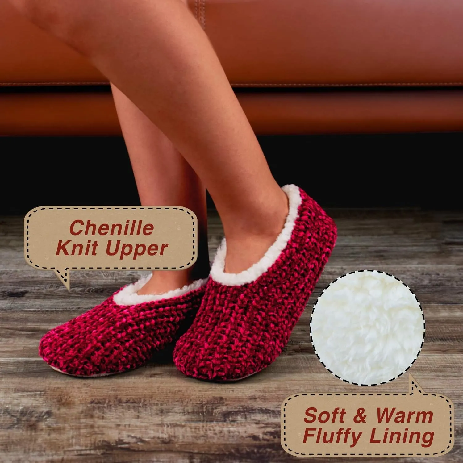 2-Pair Thick Warm Fuzzy Slippers for Women Indoor Fluffy Sherpa Lined, Winter House Shoe Socks Non-Slip Soft Soles, Cozy Christmas Gifts