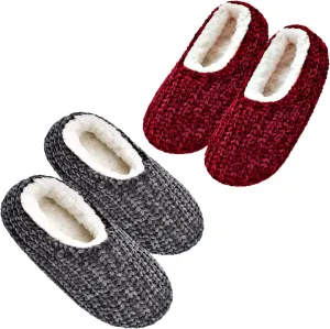 2-Pair Thick Warm Fuzzy Slippers for Women Indoor Fluffy Sherpa Lined, Winter House Shoe Socks Non-Slip Soft Soles, Cozy Christmas Gifts