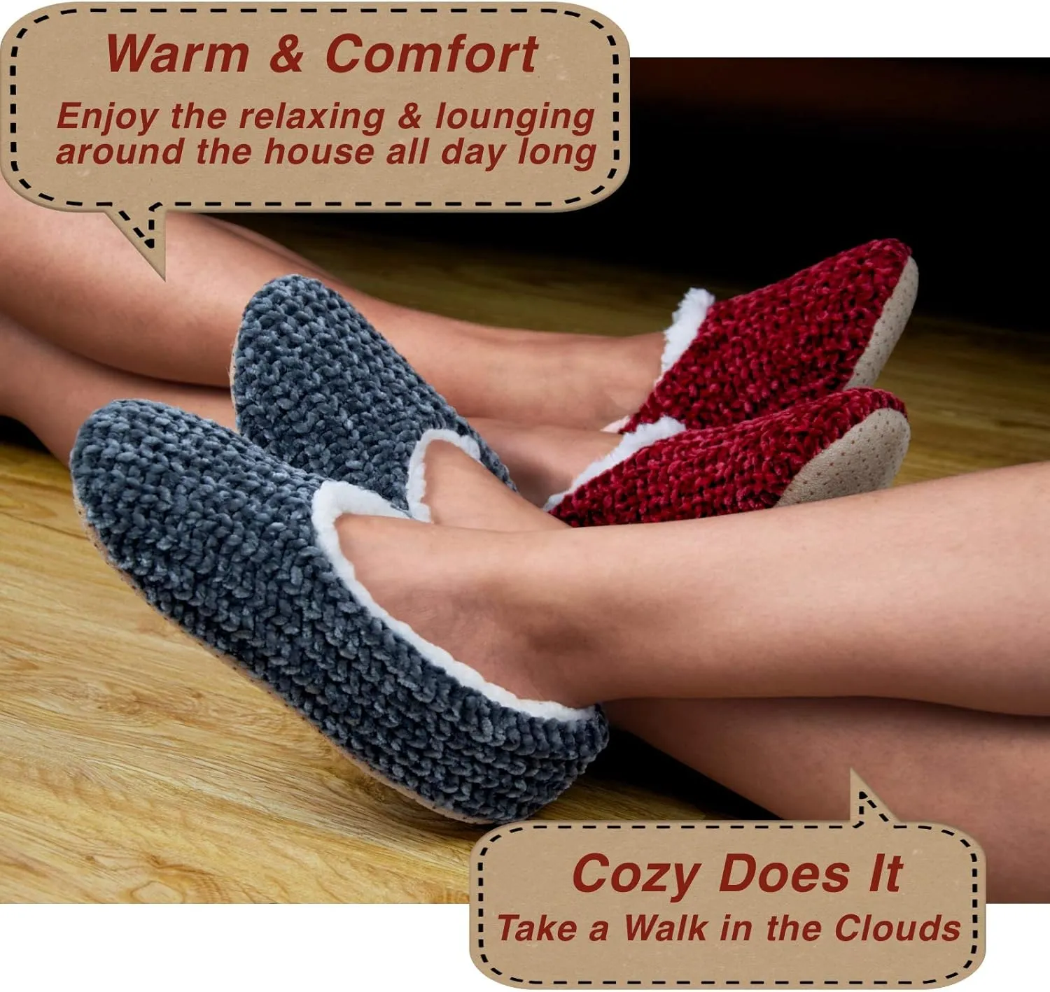 2-Pair Thick Warm Fuzzy Slippers for Women Indoor Fluffy Sherpa Lined, Winter House Shoe Socks Non-Slip Soft Soles, Cozy Christmas Gifts