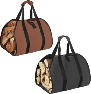 2 Pcs Firewood Carrier, Firewood Bag, Log Carrier, Wood Carrier for Firewood with Padded Handle, Water Resistant, 38" L x 18" W for Winter Fireplace, Camping Essential—Black Brown