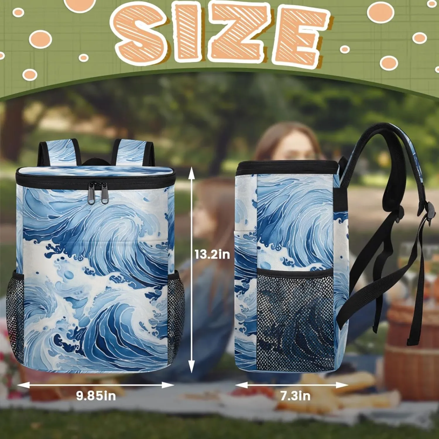 20-Hour Insulated Backpack Cooler Waves Abstract Leakproof Cooler Bag Portable Cooler Backpack