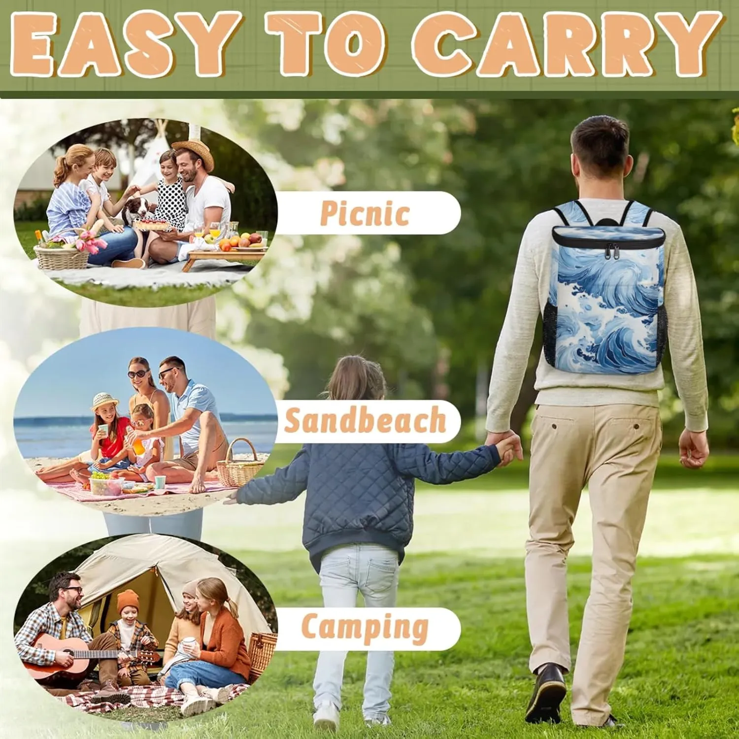 20-Hour Insulated Backpack Cooler Waves Abstract Leakproof Cooler Bag Portable Cooler Backpack