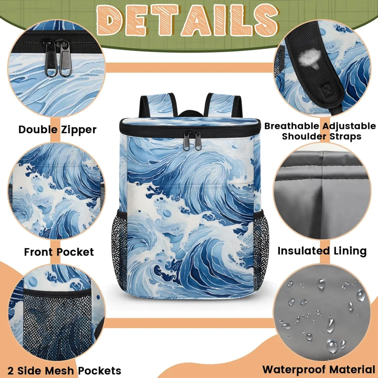 20-Hour Insulated Backpack Cooler Waves Abstract Leakproof Cooler Bag Portable Cooler Backpack
