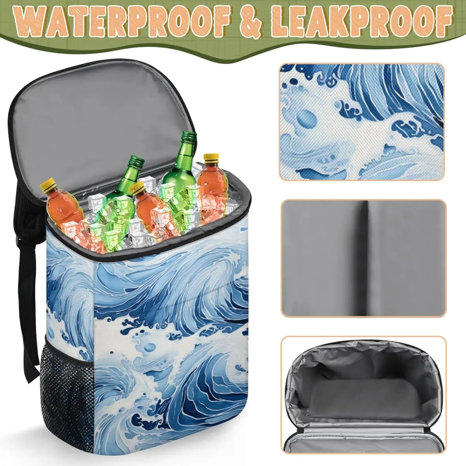 20-Hour Insulated Backpack Cooler Waves Abstract Leakproof Cooler Bag Portable Cooler Backpack