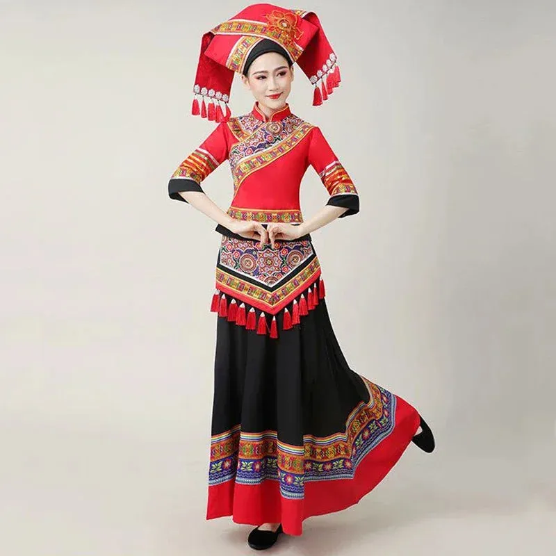 2023 Traditional Chinese Ethnic Zhuang Women's Costume Dance Skirt Set