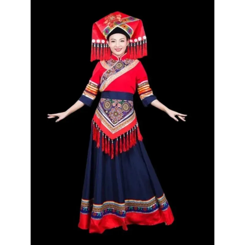 2023 Traditional Chinese Ethnic Zhuang Women's Costume Dance Skirt Set