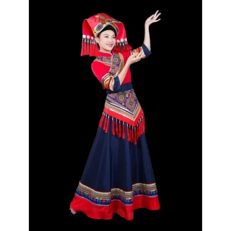 2023 Traditional Chinese Ethnic Zhuang Women's Costume Dance Skirt Set